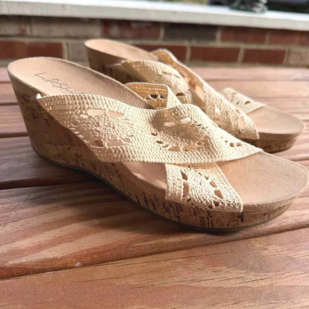 LifeStride Donna Womens Cream Crochet Cork Wedge Sandals Size 8M Soft System‎